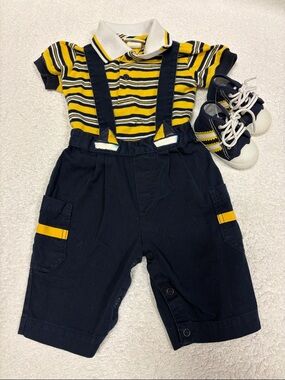 Baby togs vintage Navy Yellow Striped overall sailboat Romper sneaker Set 3/6m